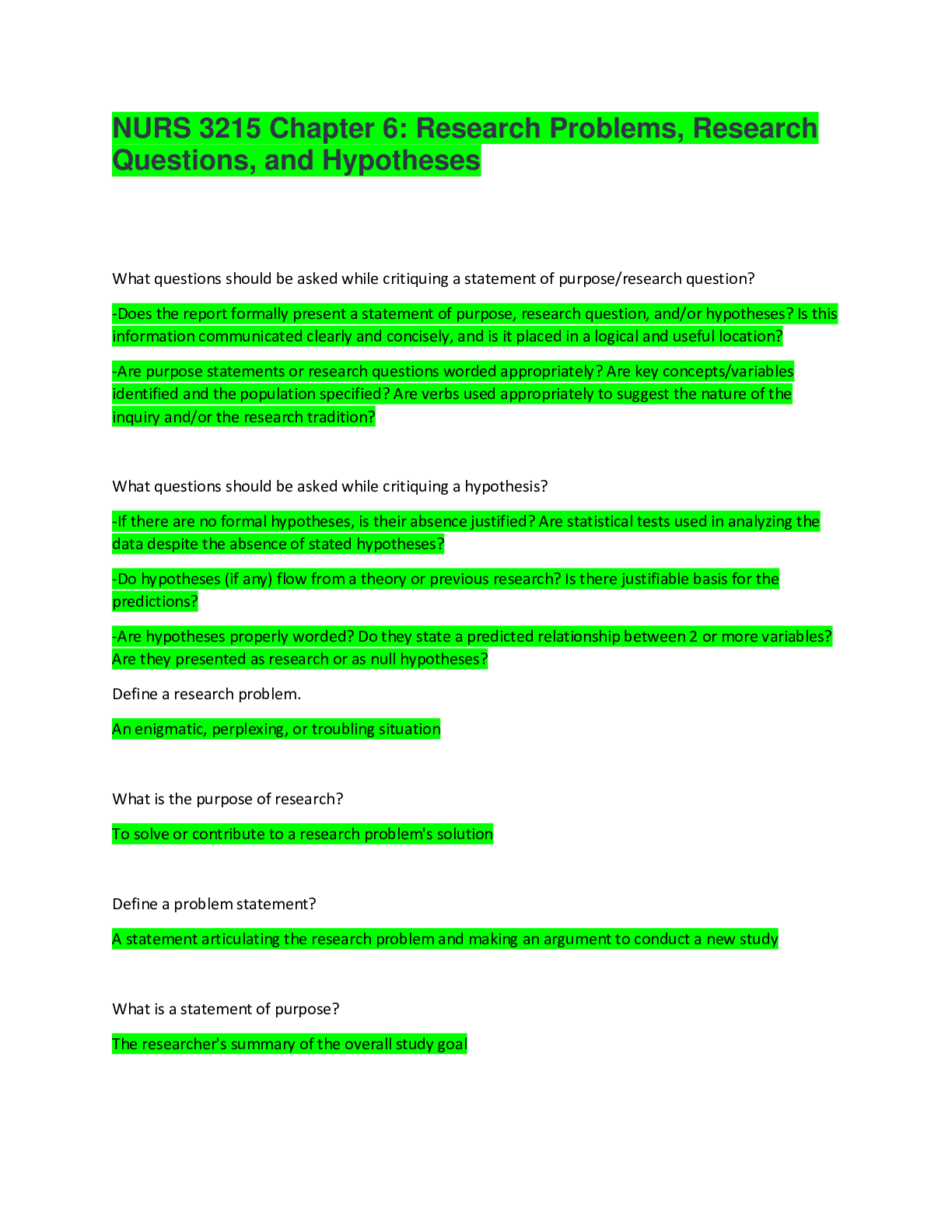 Preview of NURS 3215 Chapter 6: Research Problems, Research Questions, and Hypotheses Exam Study guid